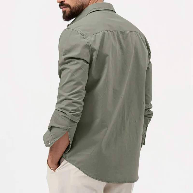 Men's Shirt Long Sleeve Olive Green Shirts Solid Color Two Chest Pockets Button Down Shirt Spread Collar Khaki Casual Shirt