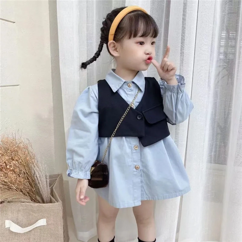 Spring Girls Clothes Set Long Sleeve Shirt Dress+Vest Fashion Korean Children Casual Costumes Suits Autumn Toddler Girl Clothes