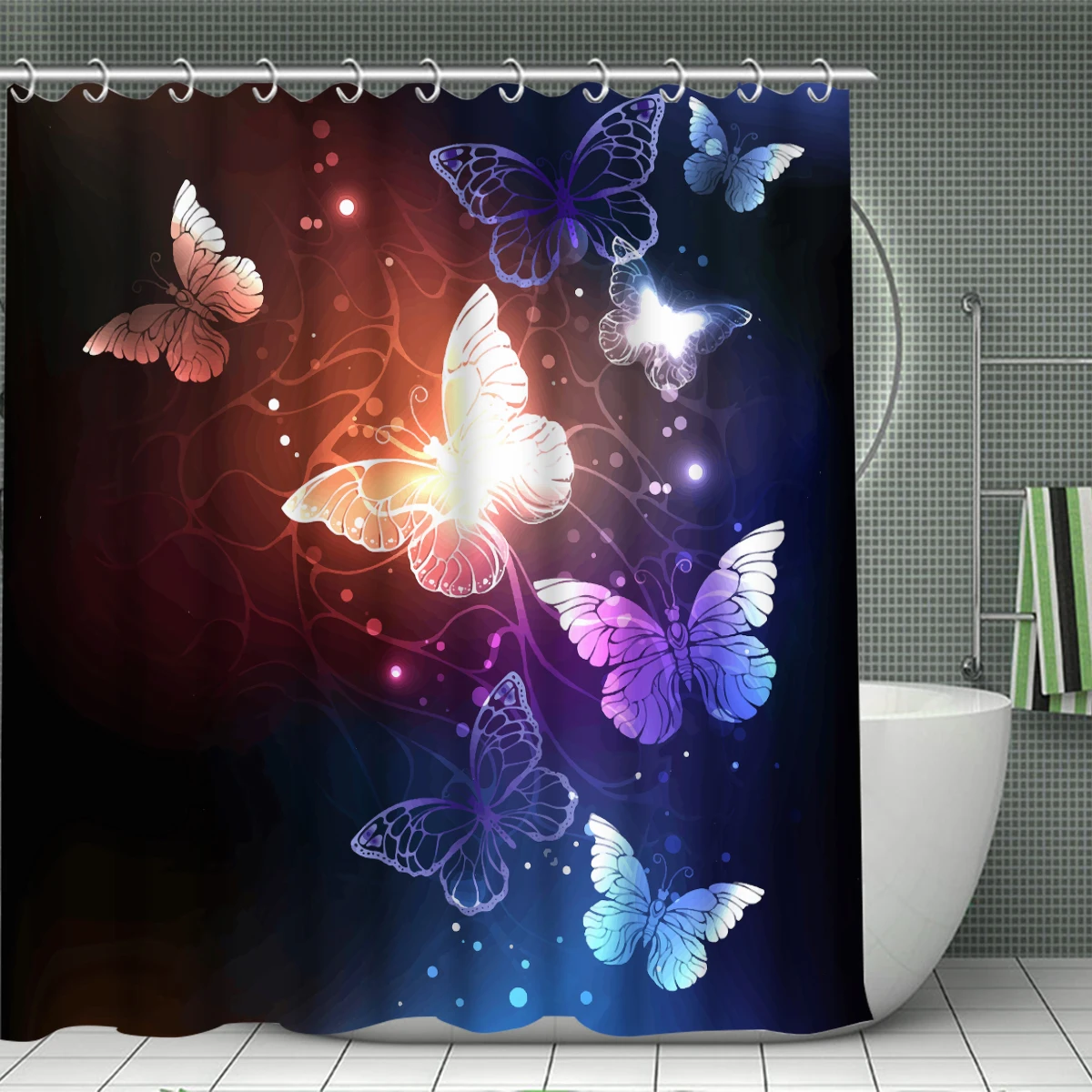 1/4PC Butterfly Halloween Simple Pattern Waterproof Shower Curtain or Waterproof Anti-Slip Shower Curtain Set, 12 Free Hooks