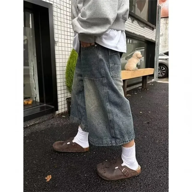 Retro washed high street denim student shorts men's and women's straight wide legs old casual versatile cropped pants tide