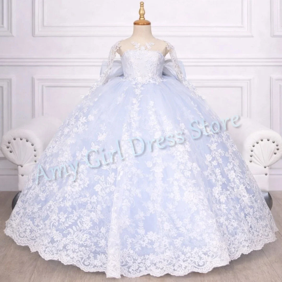 Customized Princess Flower Girl Dress For Wedding Appliques Tulle Floor Length Kids Birthday Party First Communion Banquet Gown