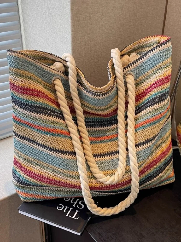 STELU Women's Straw Woven Tote Bag Summer New Versatile Handbag Beach Vacation Commuting Bag Retro Artistic Style Shoulder Ha...