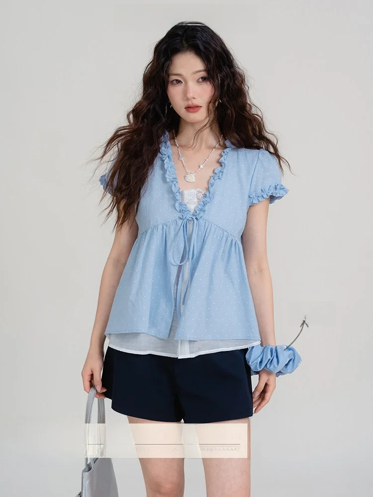 

Летний женский топ Sweet Sle Polka Dot ort Sve T-irt из смесового хлопка свободного кроя с бантом