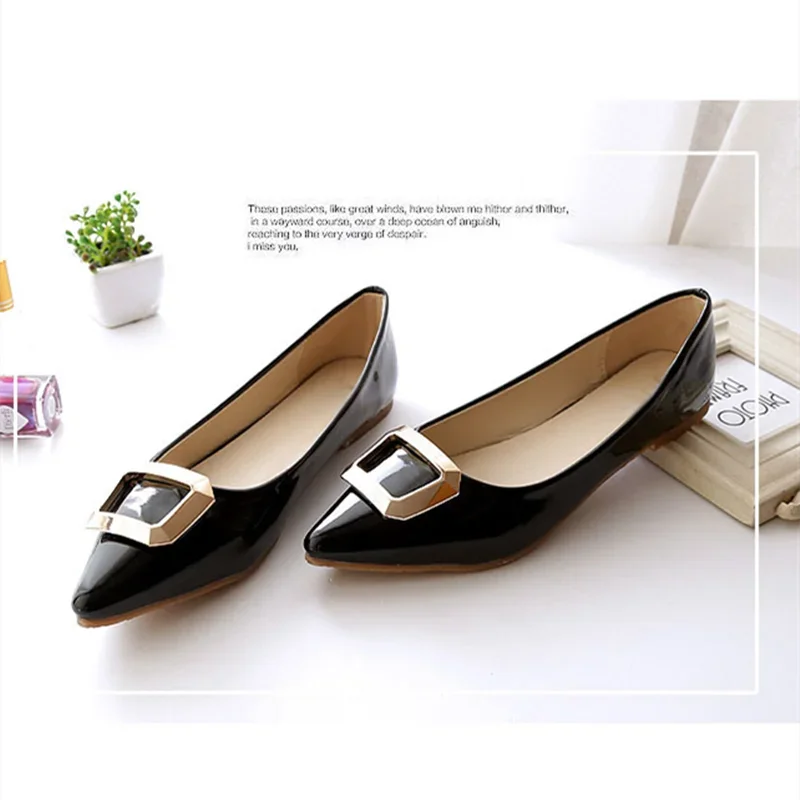 Female Vintage Pointy Toe Plus Size 33-48 Flat Heels Women Metal Buckle Slip-Ons For Party Stiletto Lovely Shoes Grey Red Beige