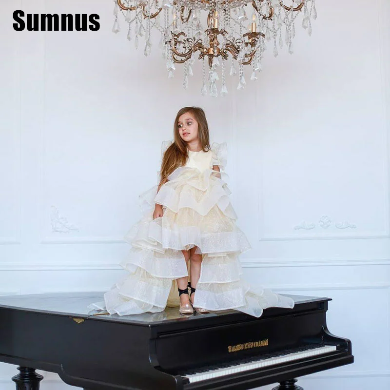 Sumnus Cute A-Line Ivory Flower Girl Dresses O-Neck Tiered High/Low Floor Length Wedding Occasion Gowns 2025 Customized