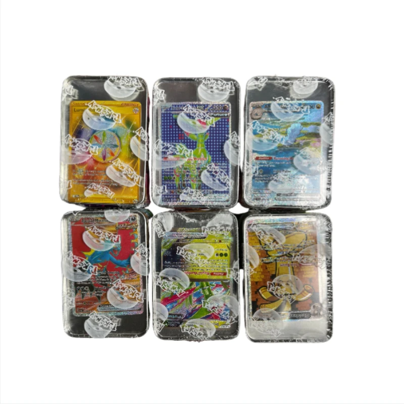 42pcs/set Iron Box English Spanish Pokemon Battle Cards Toys White Flare Black Bolt Pikachu Game Anime Bank Cards Battle Cards