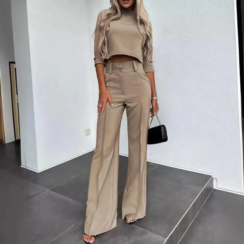 Women Solid Color Top Pants Set Elegant Women's Business Suit Set with Slim Fit Top Wide Leg Trousers Professional for Work