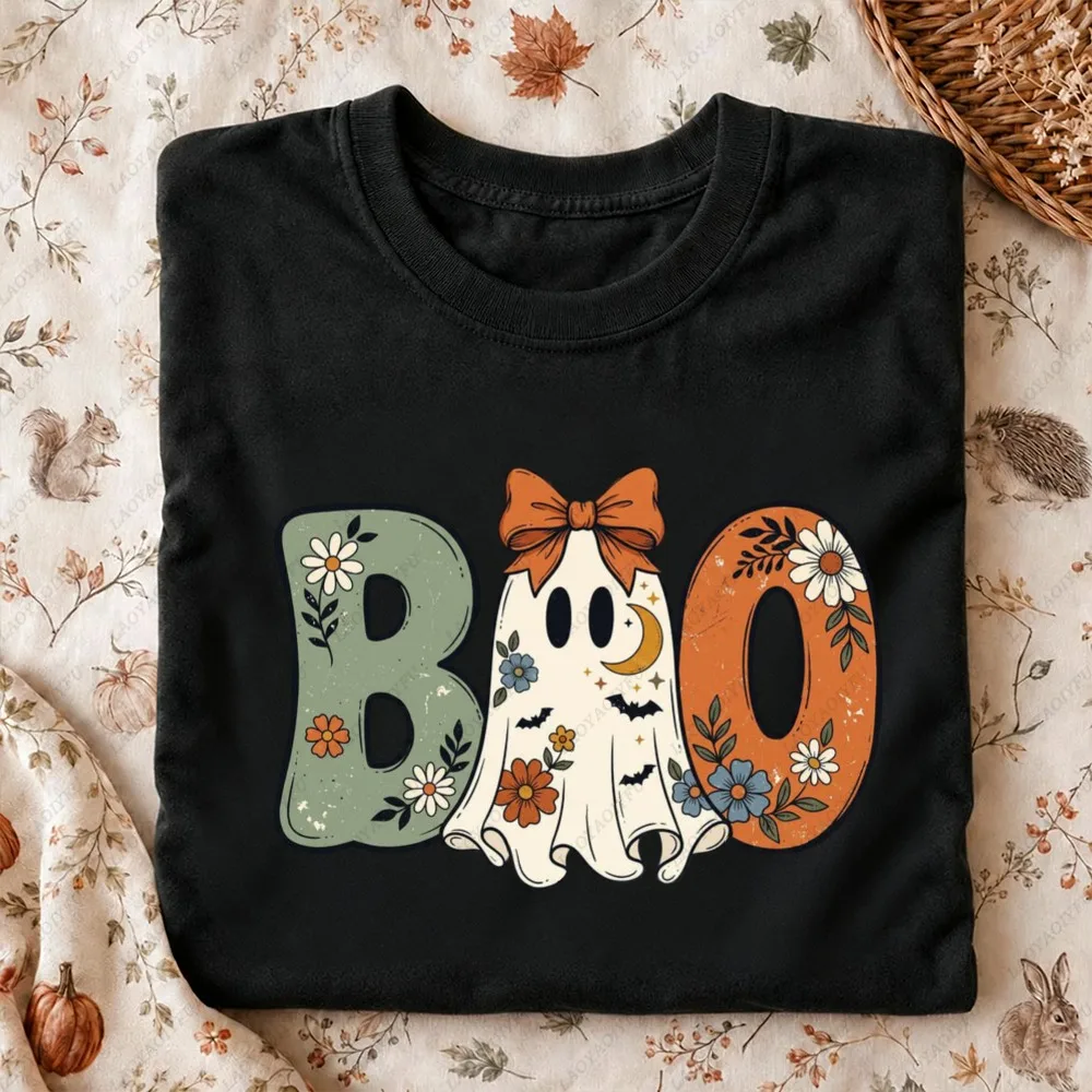 Cute Ghost BOO Print Pink T Shirt Women Halloween Bow Knot Graphic Cotton Short Sleeve Loose Casual Female Top Streetwear