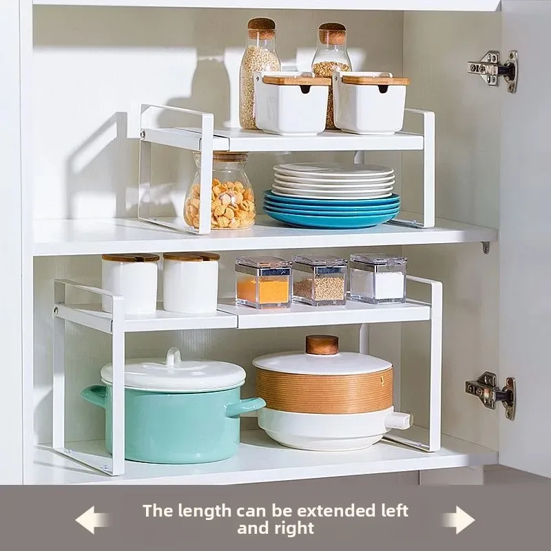 Expandable Metal Cabinet Shelf Organizer Adjustable Kitchen Counter Storage Rack Tier Steel Platform Cm Length Options Height