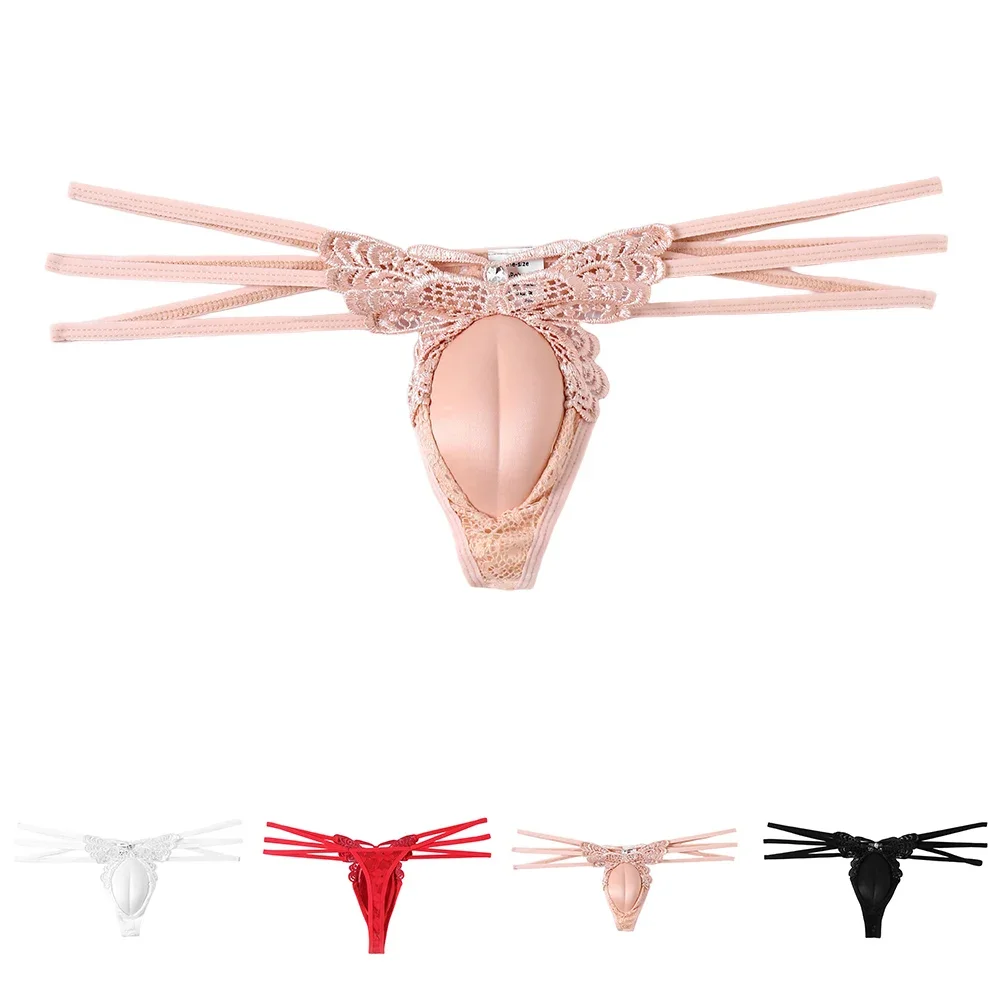 Mens Sexy Underwear Hidden Butterfly Thong Low Waist Soft String Solid Color Lingerie Lace Gay Sissy Pouch Breathable Underpants