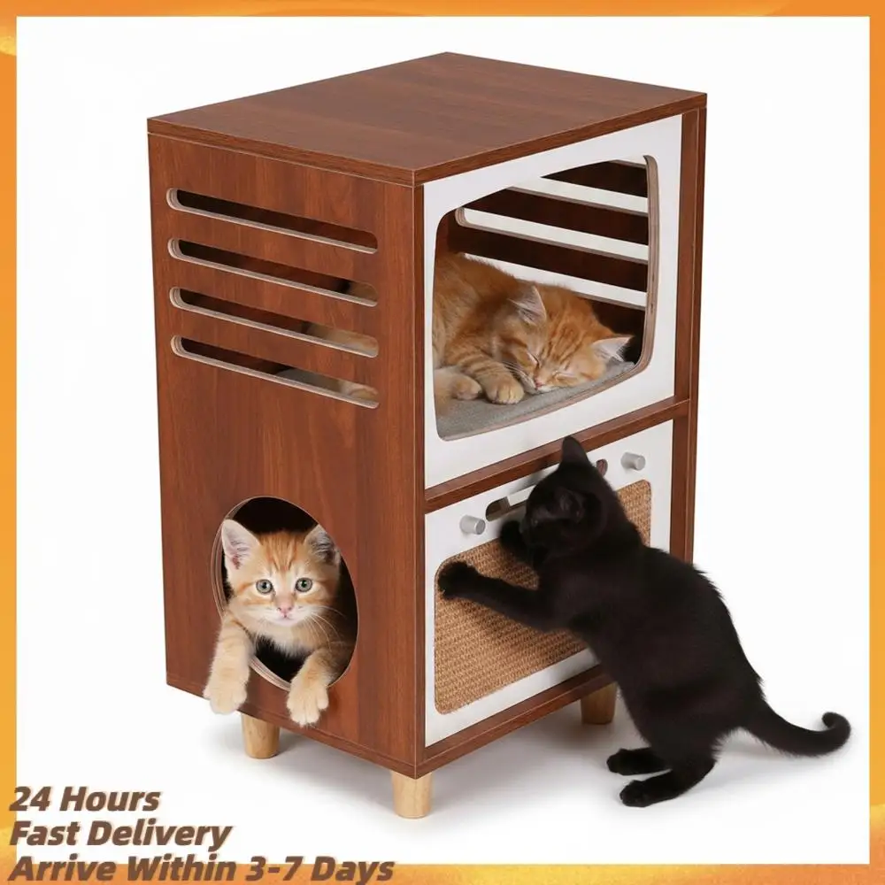 

Большой приставной столик в ретро-стиле телевизора и домик для кошек с когтеточкой, закрытая дышащая лежанка для кошек, игровая площадка для питомцев, маленькое гнездышко