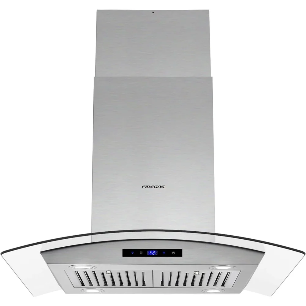 Island Range Hood 30 inch 450 CFM with Chimney, Ceiling Mount Kitchen Vent Hood with Tempered Glass, 4 LED Lights