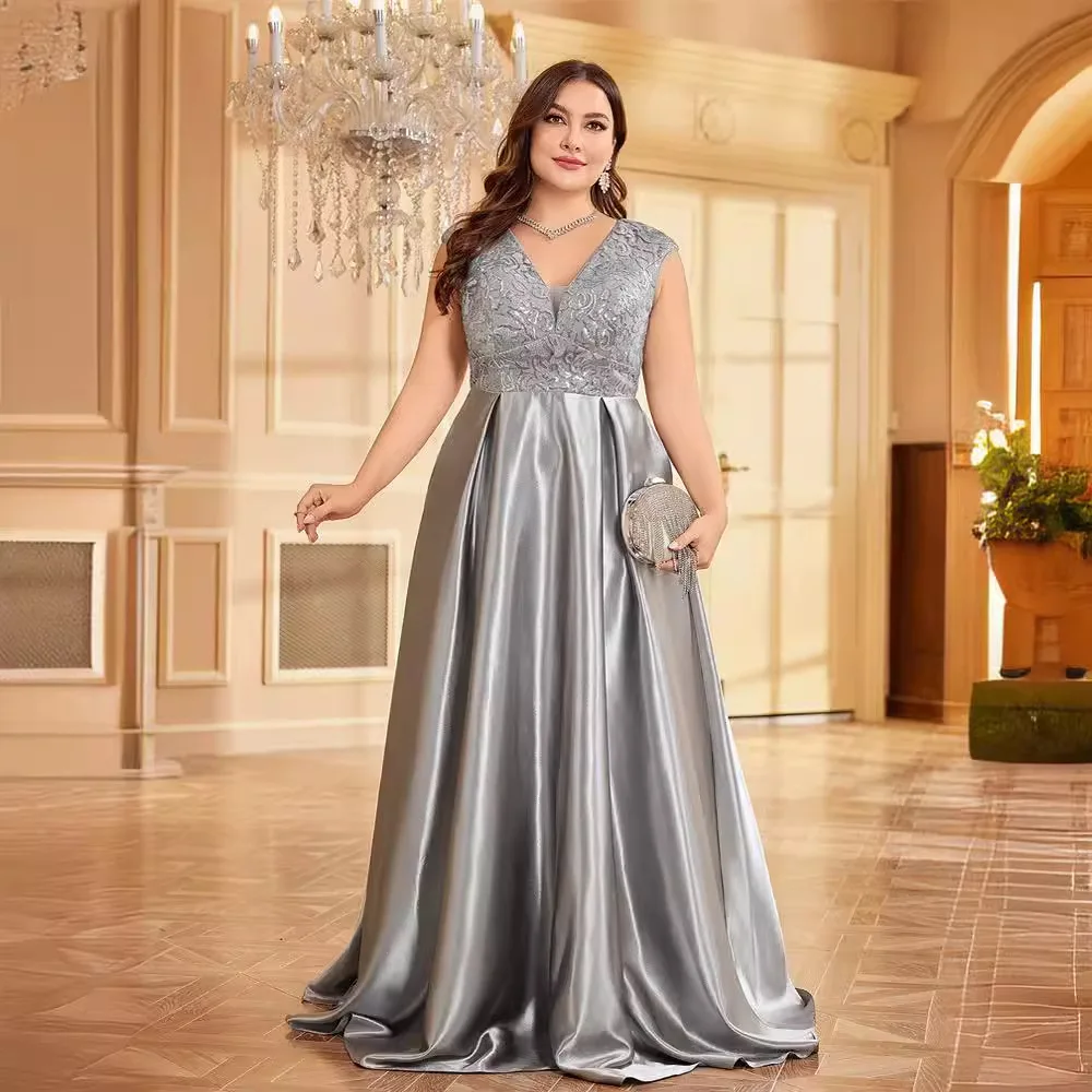 

Ladies Dusty Shiny Satin Floor Dress V Neck Sleeveless Lace Sequin Bust A Line Skirt African Church Bridesmaid Mother Wedding