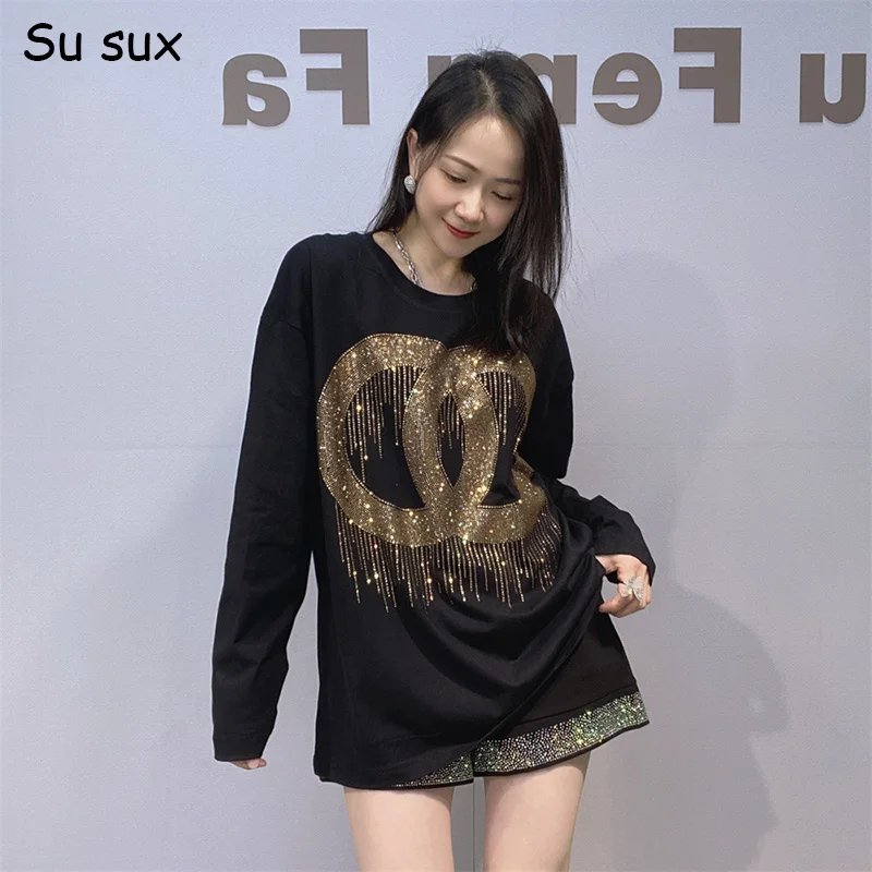 

Casual Sequins O Neck Long Sleeve T Shirt Woman Y2k Clothes 2025 Autumn Inside Tops Japanese Korean Fashion Black Tees Streetwea