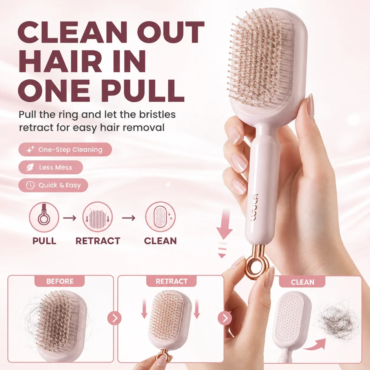 Self Cleaning Retractable Air Cushion Hair Brush Portable Scalp Massage Detangling Comb Anti-static Hair Styling Tool for Women