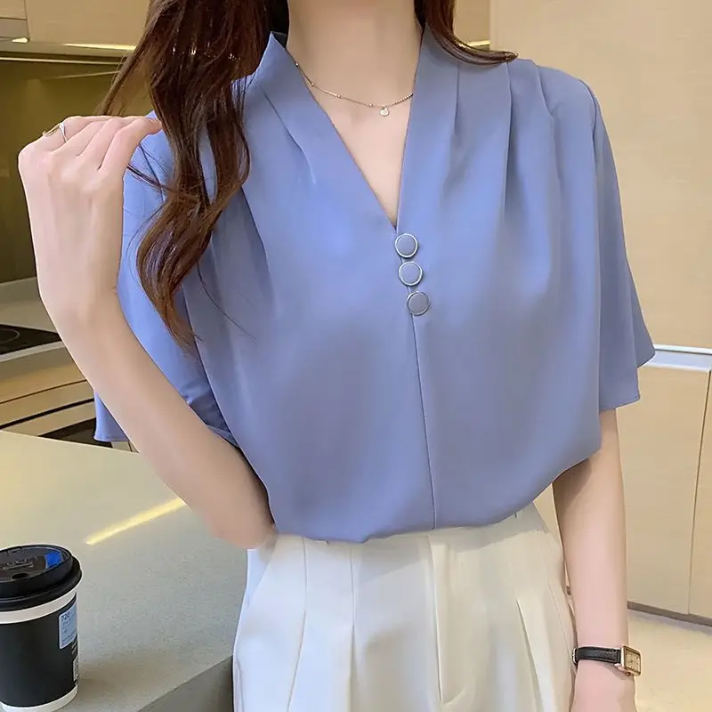 Temperament Chiffon Shirt Tops Summer New V Neck Short Sleeve Solid Color Simplicity Loose Blouse Korean Fashion Women Clothing