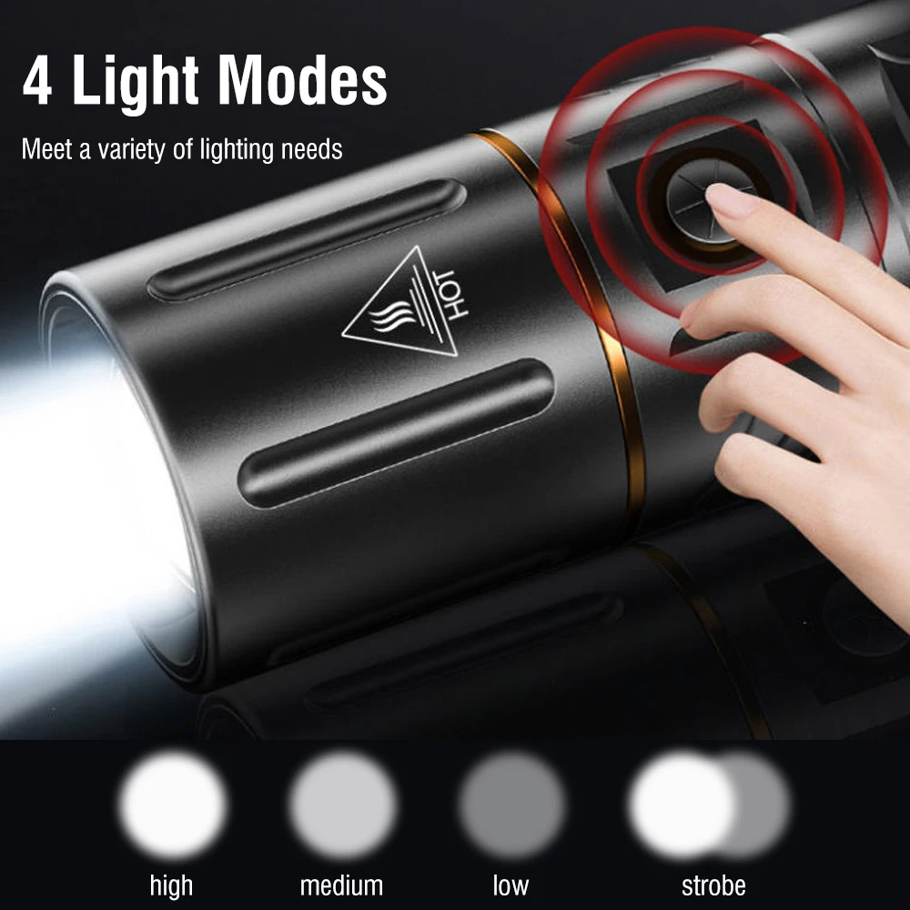 BORUiT LED Zoom Flashlight 4-Modes USB Rechargeable Built-in 26650 Battery Waterproof Torch Outdoor Camping Fishing Night Riding