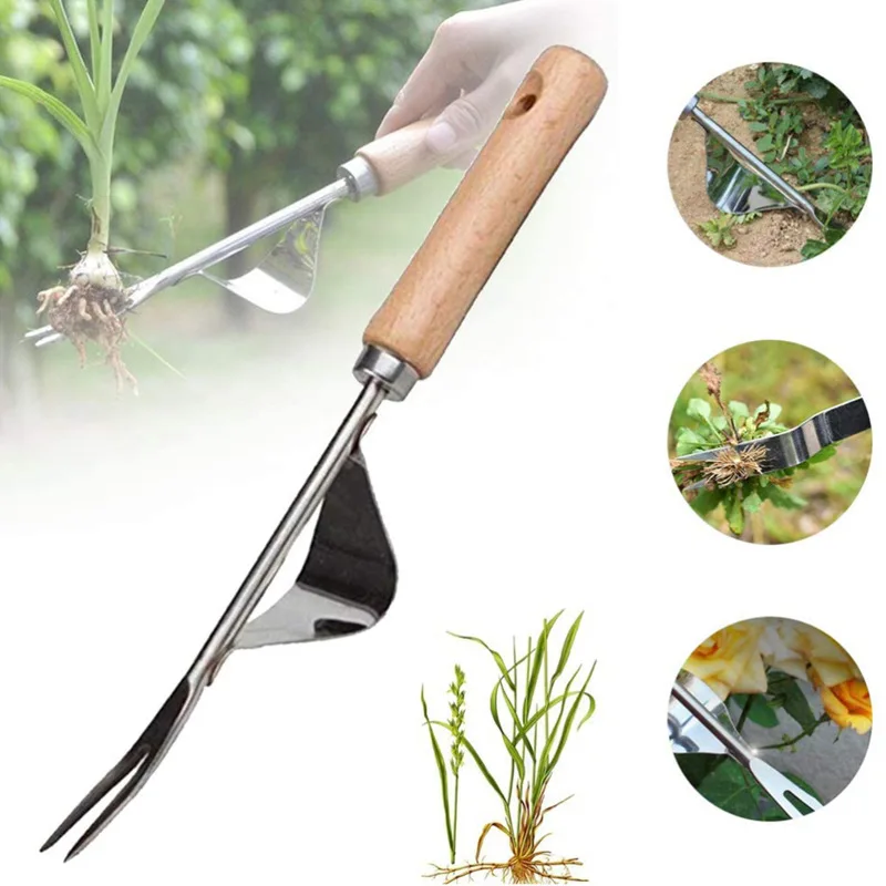 Wood Handle Stainless Steel Garden Weeder Hand Weeding Removal Cutter  Puller Tools Multifunction Weeder Transplant