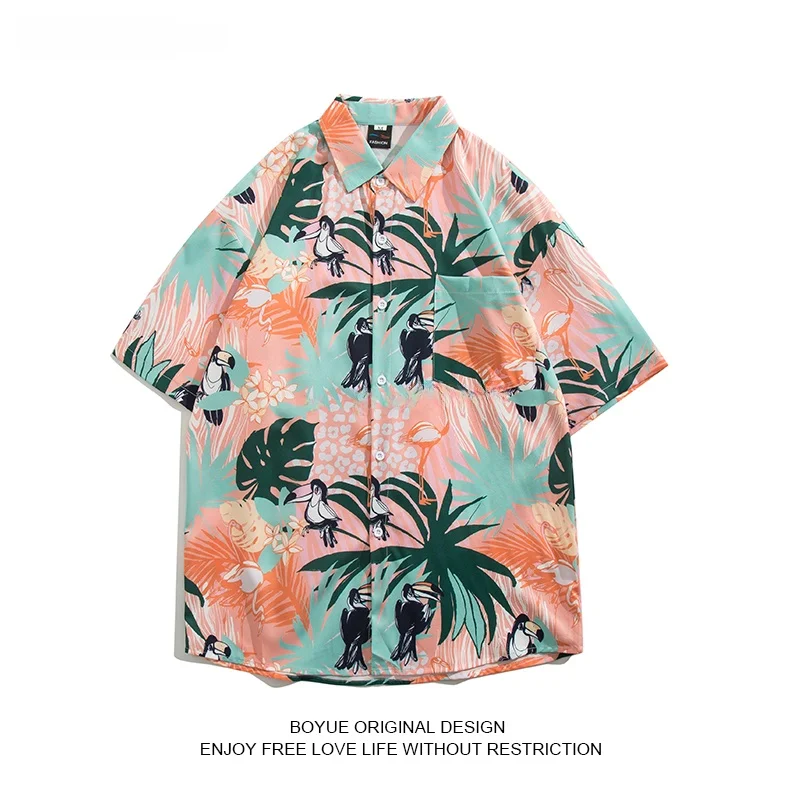 

Мужская летняя пляжная одежда Boyue Cool Hawaiian: модная повседневная свободная рубашка с принтом для молодежи