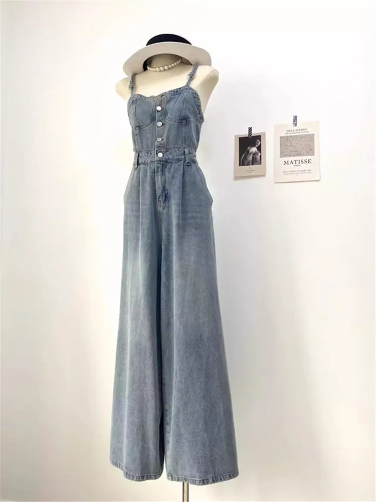 

Retro Spaghetti Straps Wrapped Chest High Waist Denim Jumpsuit 2024 Summer Casual Strap Wide Leg Pants Rompers Women Jumpsuits