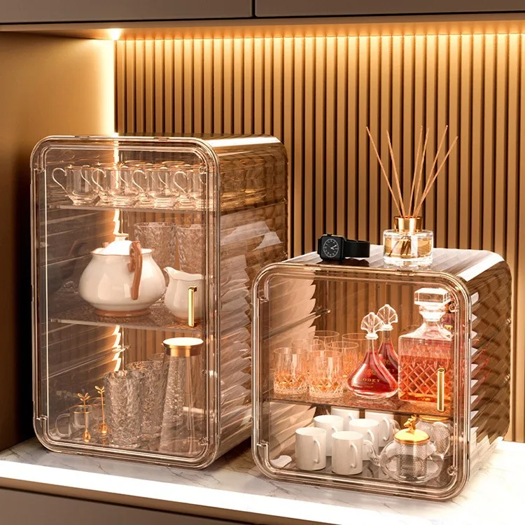 Rack de armazenamento de copos à prova de poeira, suporte, rack de armazenamento de copos de água, conjunto de chá, suporte, caixa de armazenamento de canecas de café, perspectiva