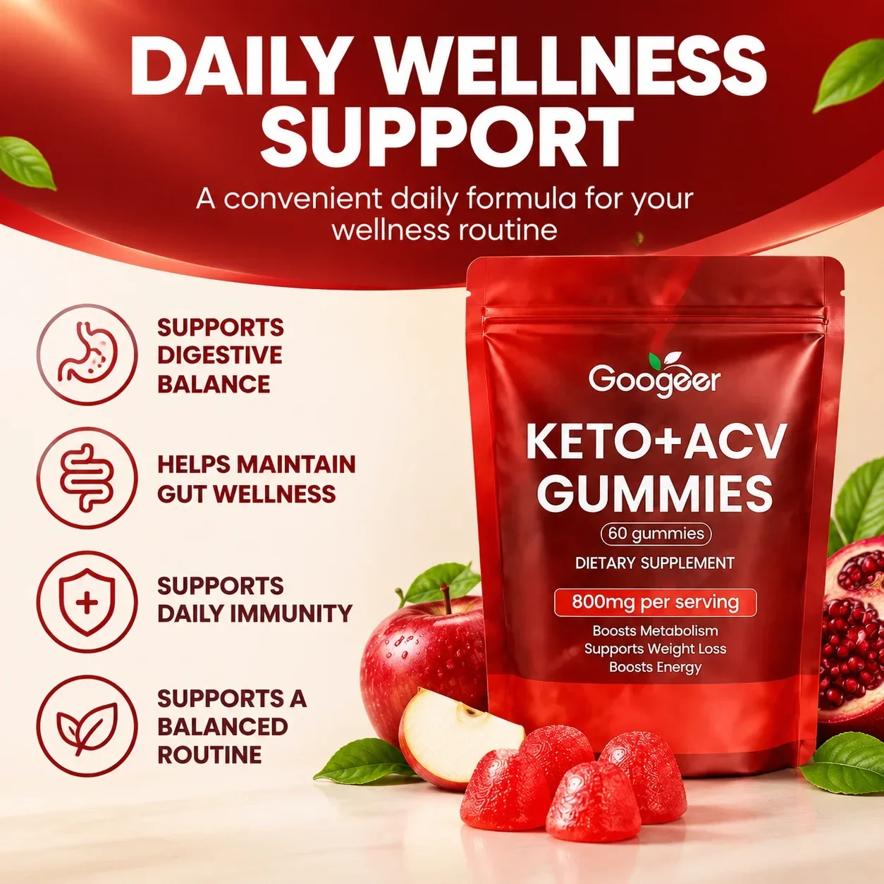 Keto ACV Gummies - Supports Healthy Weight Management & Satiety,800mg Apple Cider Vinegar Powder, B Vitamins & Beet,60 Gummies