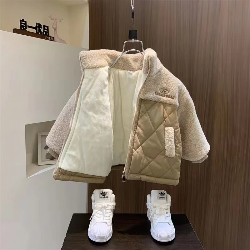 Boys Plush Jacket With Cotton Jacket 2024 Baby Thin Cotton Jacket Handsome Children's Autumn And Winter Clothing Thick Jacket