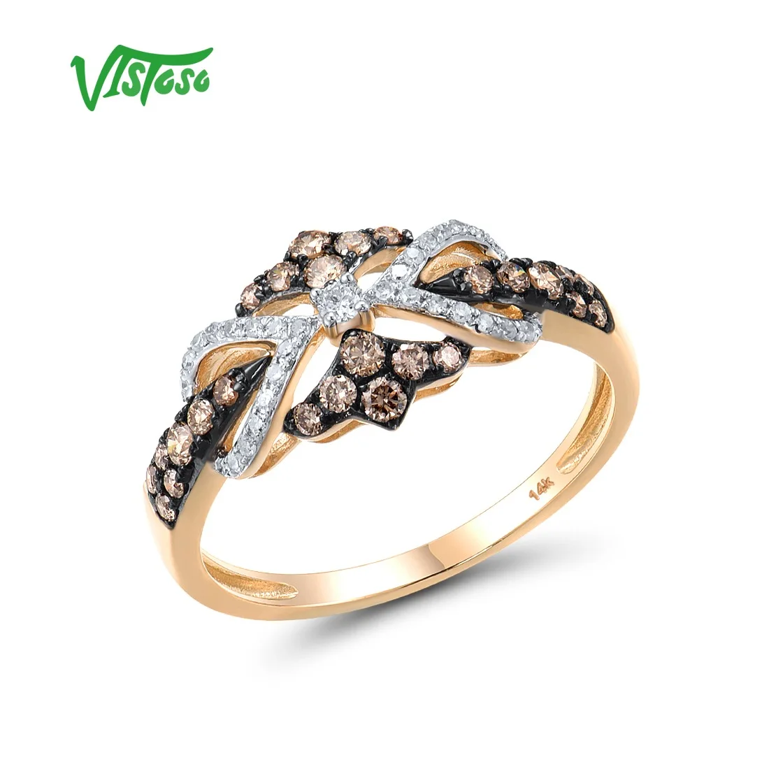 VISTOSO Genuine14K 585 Rose Gold Ring For Women Sparkling White Brown Diamonds Vintage Wedding Anniversary Elegante Fine Jewelry