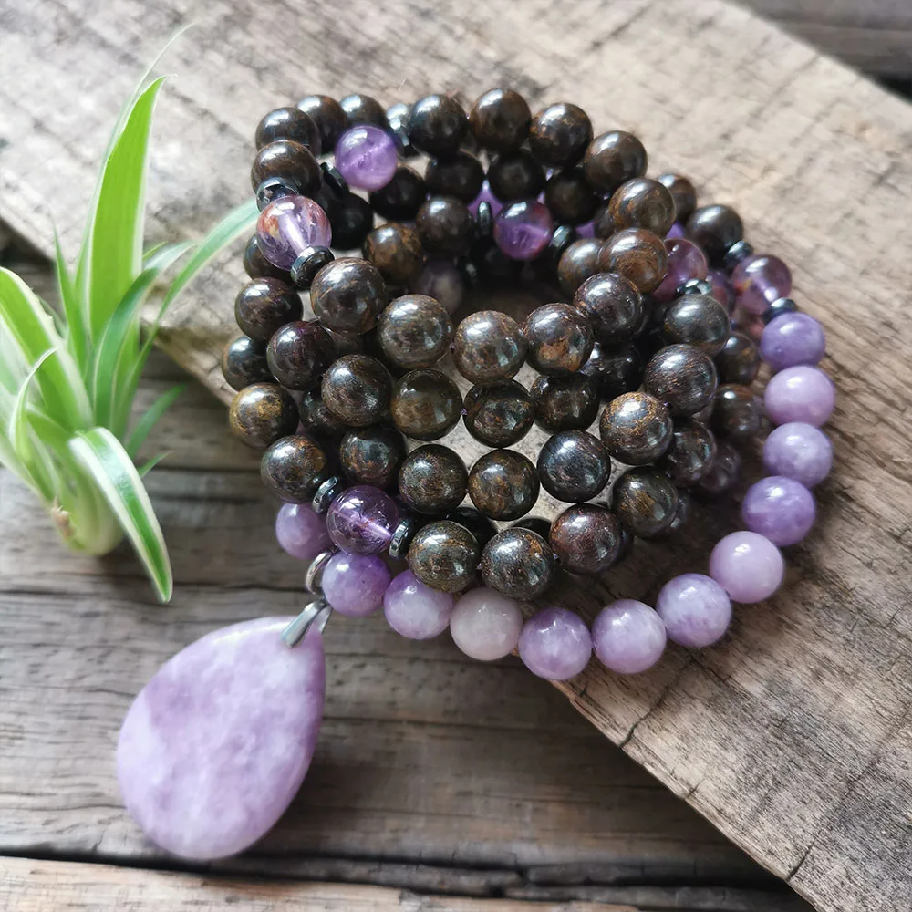 8mm Bronzite And Lodolite Beads,Purple Stone Pendant,Prayer Bracelet,Calmness Yoga Necklace,Crystal Healing,Meditation Beads