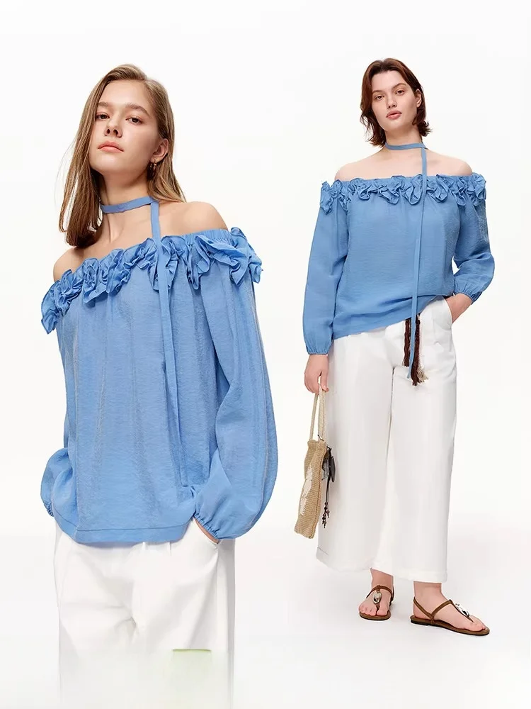 

Женская блузка Blue Bell с длинным рукавом, медно-аммиачная, на одно плечо, весна 2026, повседневная, свободного кроя, с кружевной отделкой, элегантная, модная