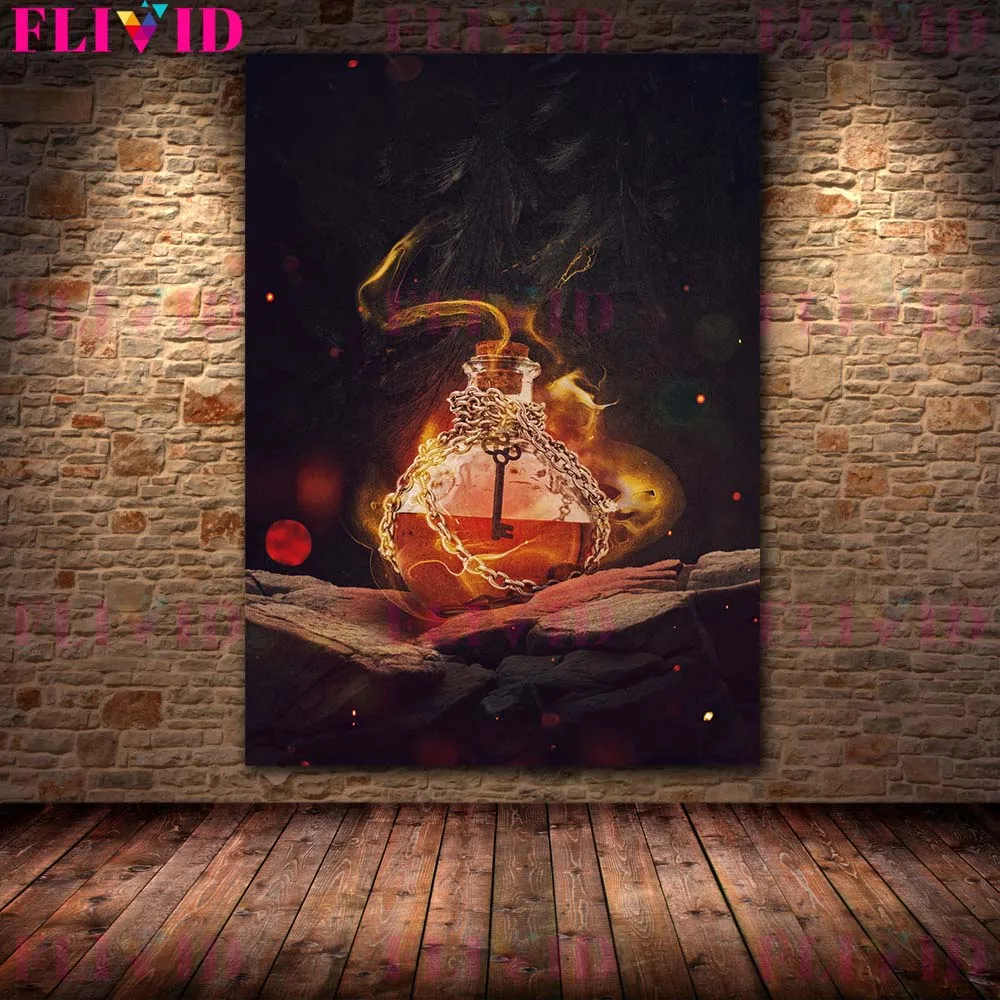 

Dark Distressed Old Painting Of Potions, Books And Candles Dark Victorian Witchcraft Art Poster Print Home Decoration Unframed