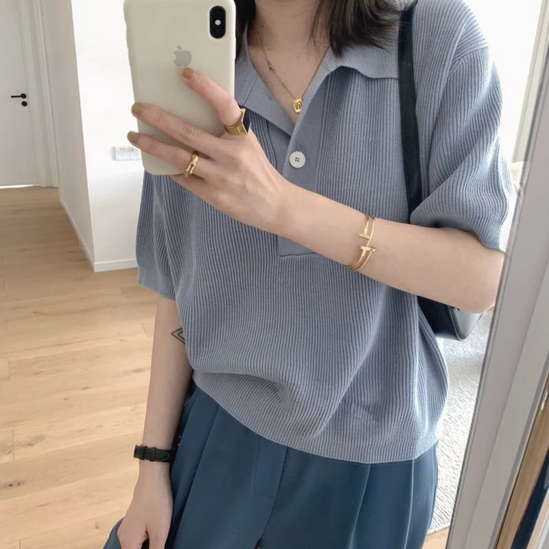 

Женская летняя модная универсальная тонкая блузка из ледяного шелка больших размеров с коротким рукавом и воротником для полных женщин