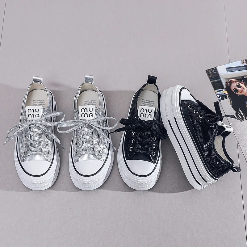 2024 New Women Sequins with Thick Bottom Canvas Shoes Spring/Summer Student Vulcanized Shoes Casual Running Sneakers