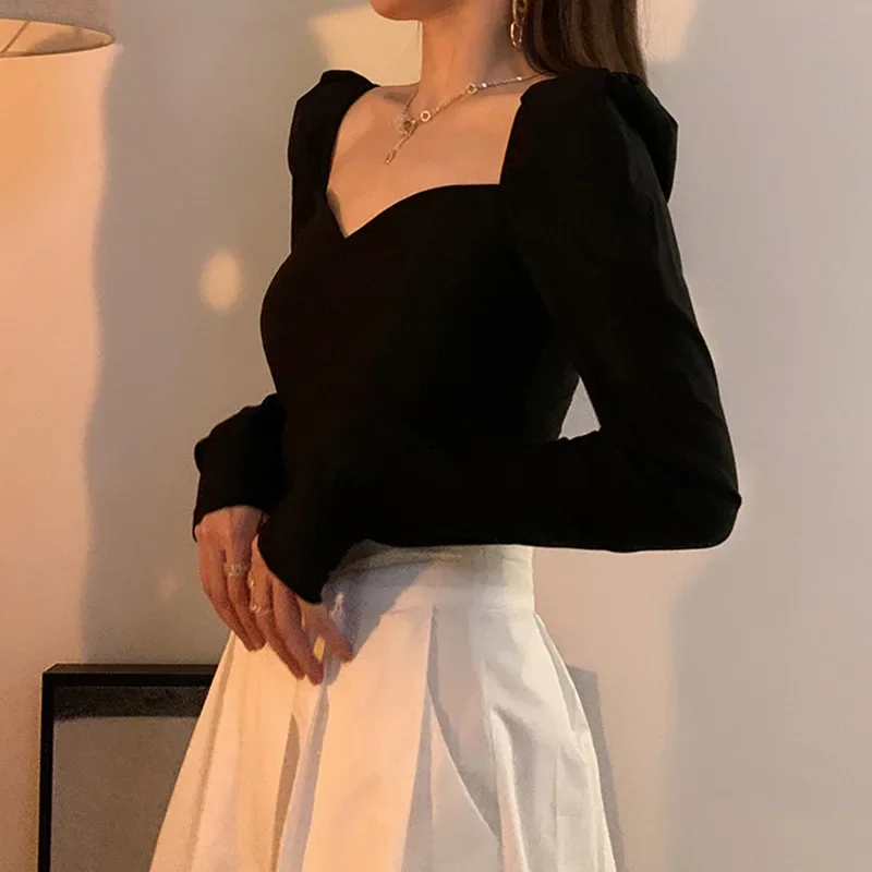 Vintage Elegant Shirts Women Puff Sleeve Square Collar Blouses Office Lady Korean Autumn Black Chic Slim Casual All Match Tops