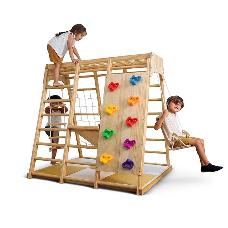 

Kids Indoor Playground Activity Gym Equipment Exercise Fitness Home Slides Rope Wooden Climbing Frame Swing Set