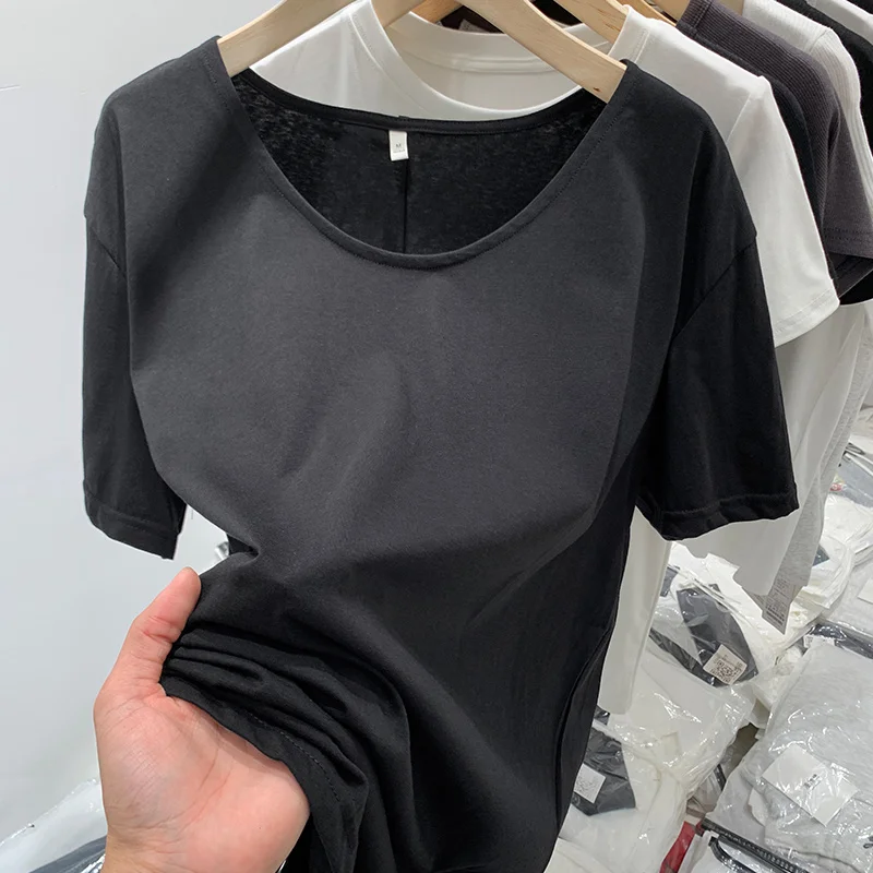 Large Size Loose Split Hem Mid-length T-shirt Women Summer Casual White Short Sleeve Basic Tops Minimalist Style Cotton Tshirt