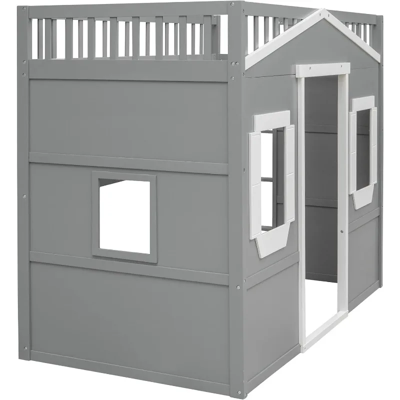 Wood House Loft Bed with Ladder, Kids Playhouse Bed with Window for Girls Boys