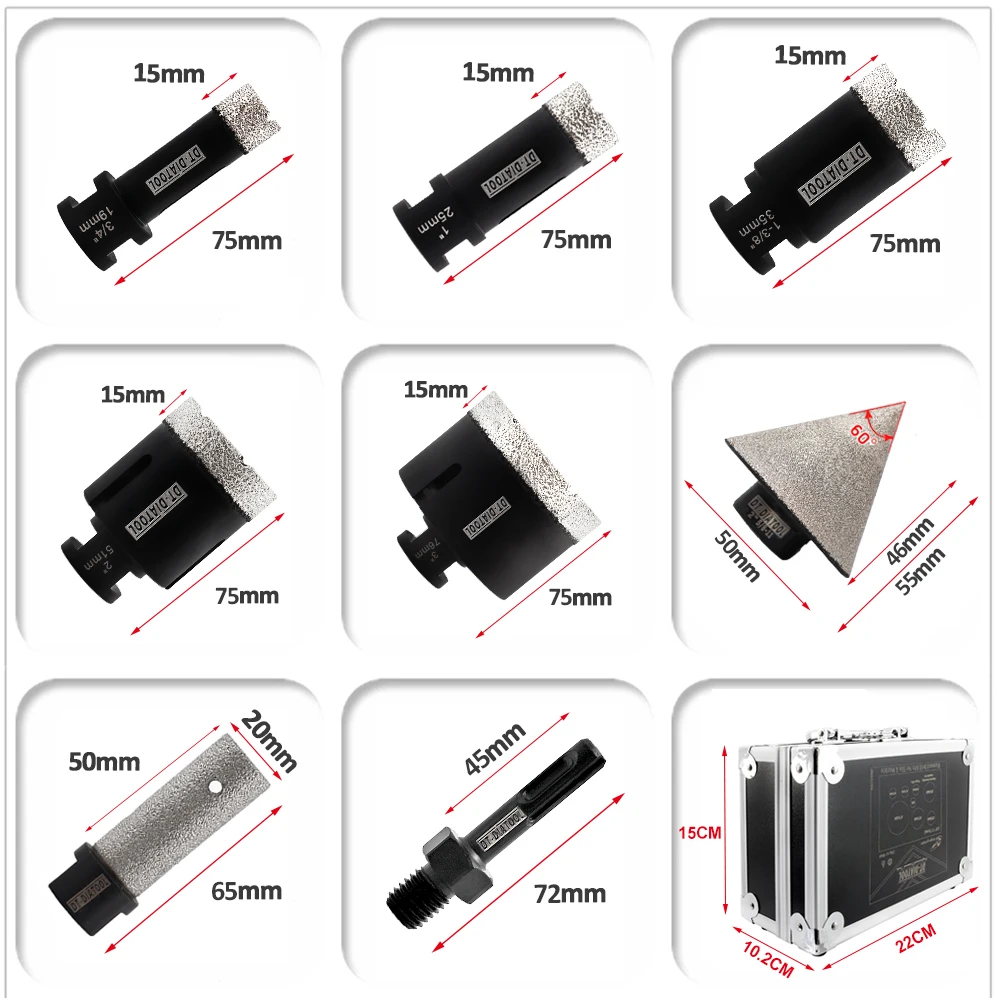 DIATOOL-Diamond Drill Bits Kit 58 Thread Holes Saw Drill Core Bits for Porcelain Tile Marble Hole Saw Kit, 8Pcs Tool Box