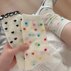 Colorful Black Polka Dot Socks Summer Thin Hollow Out Heart Breathable Long Socks Japanese Kawaii Cute Sweet Girls Ruffle Socks