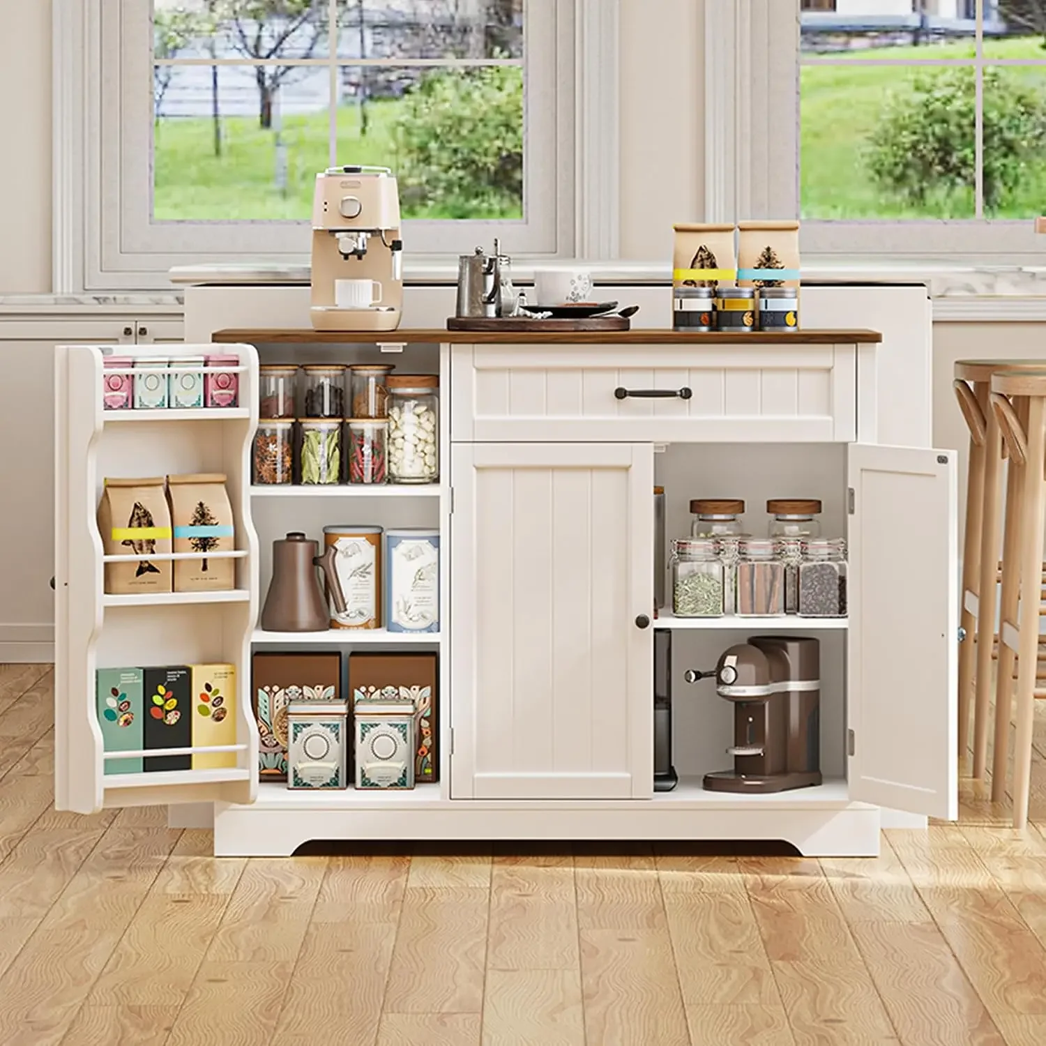 Kitchen Coffee Bar Cabinet with Storage Kitchen Sideboard Buffet Cabinet with Drawers, Short Pantry with Door and Shelves for Ba