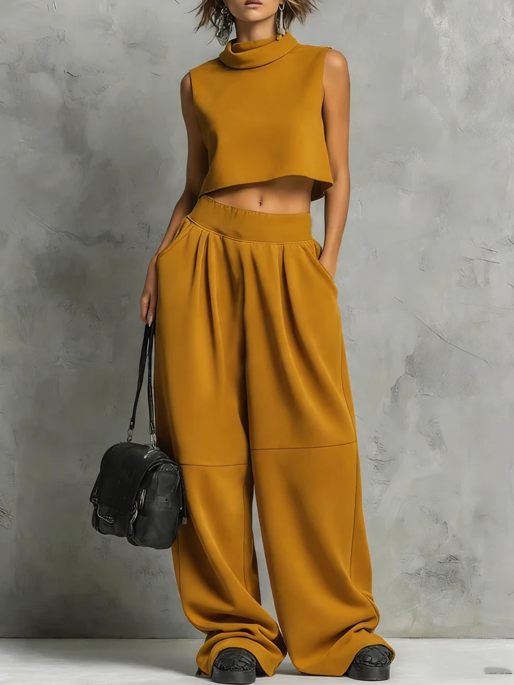 

Casual Turtleneck Sleeveless Top with Long Pant Set 2026 Women Elegant Street Sport Outfits Fashion Pocket Solid Loose 2Pc Suit