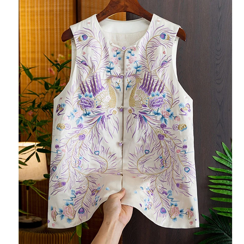 Spring And Autumn New High Quality Acetate Fiber Round Neck Phoenix+Plant Flower Embroidery Single breasted Fashion Vest S-XXL