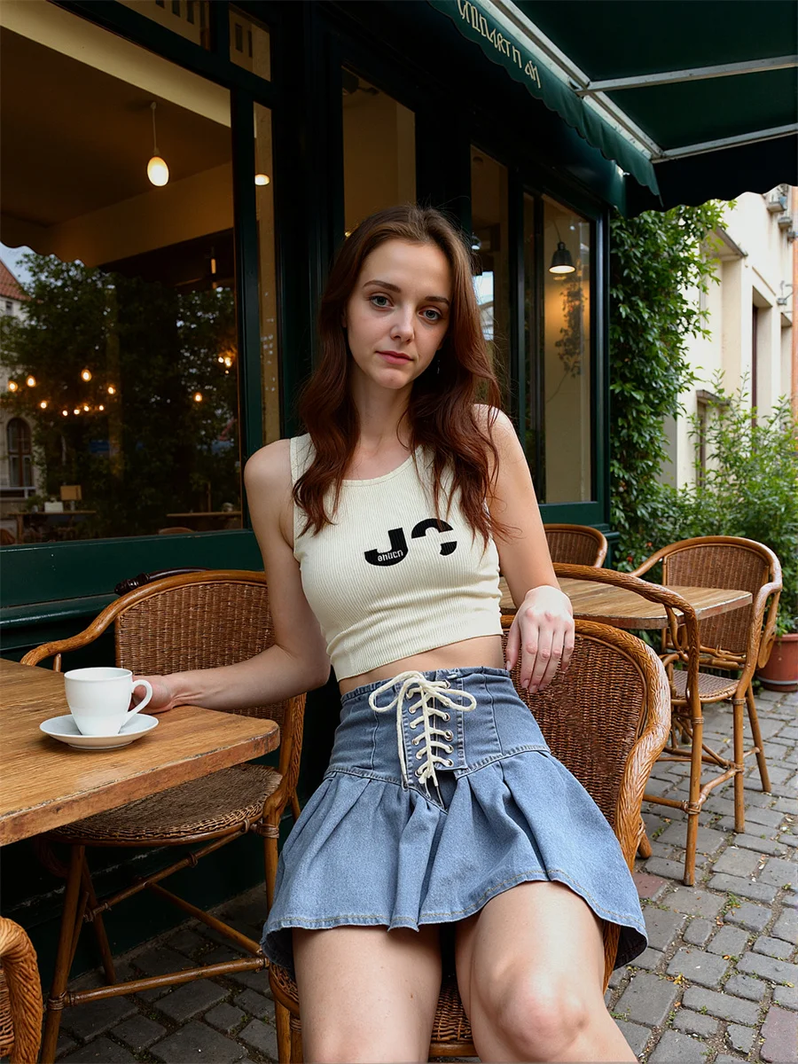 Plissierte Denim-Miniröcke für Damen mit Schnalle, hoher Jacquard-Flare, minimalistisch, künstlerisch, modern, schick, elegant, Feminina, einzigartiger Frühling