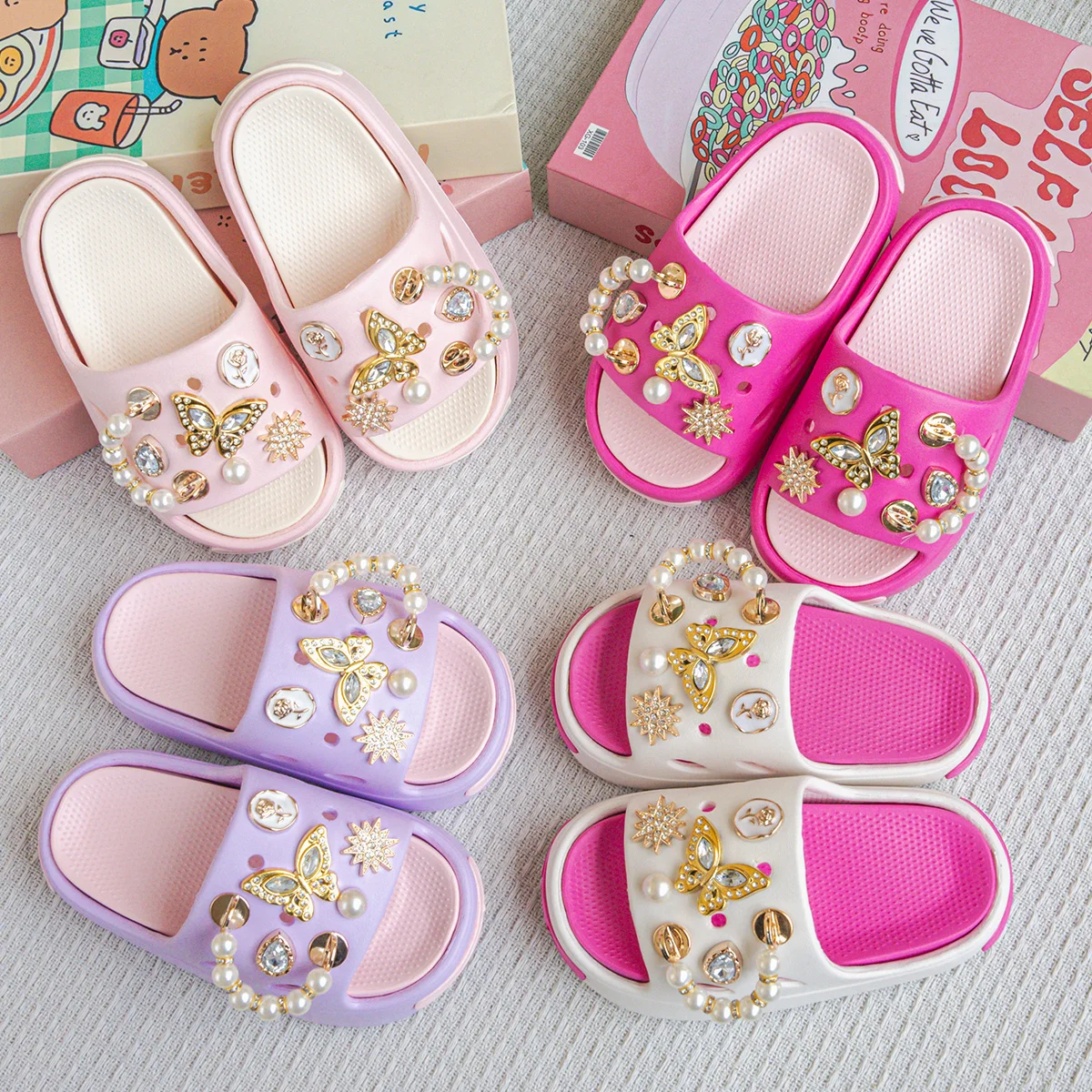 New Popular Cartoon Pearl Gold Butterfly Versatile Girls' Eva Slippers Fashionable Dual-Color Soft-Soled Non-Slip Sandals 831