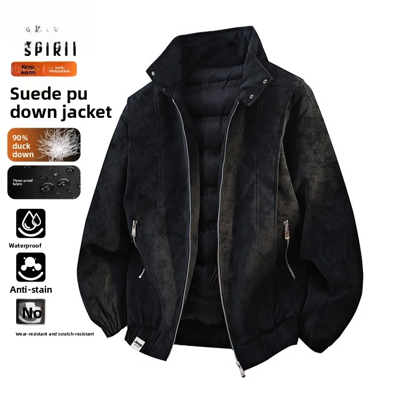 

Мужская замшевая куртка-пуховик в рабочем стиле, утепленная, осенне-зимняя, ретро-кожаная куртка на молнии с длинными рукавами