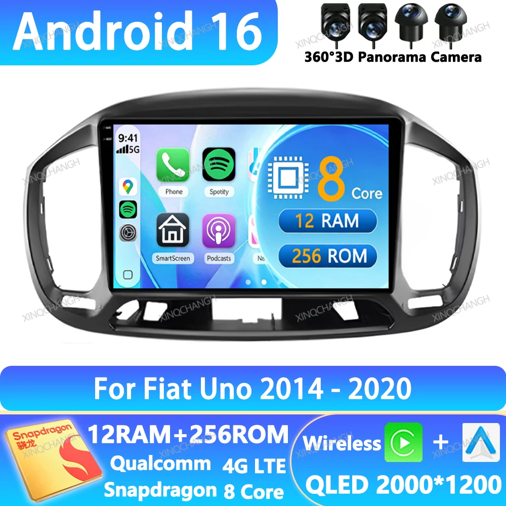 Radio para Auto con Android 16 para Fiat Uno 2014 2015 2016 2017 2018 2019 2020, Reproductor Multimedia de Video, 4G LTE, 5G WIFI, Pantalla QLED, GPS