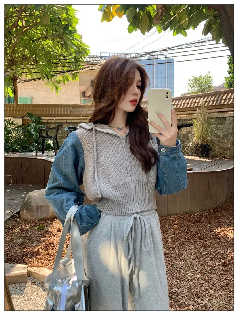 Suit Denim Spliced Knitted Cardigan Women Autumn Winter New Fake Two Pieces Sweater Vintage Hooded Zipper Cardigans Trousers