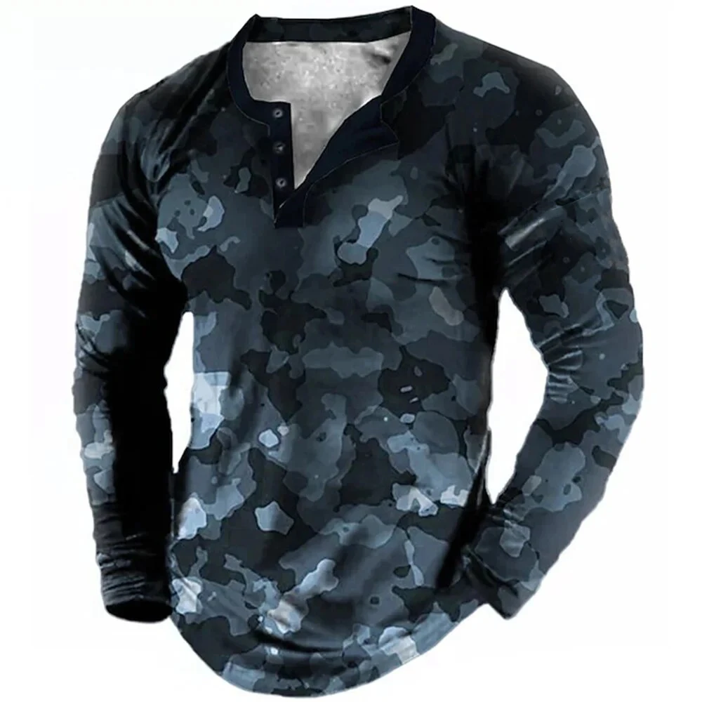 Autumn Camouflage 3D Print Henley Shirts Men\'s Fashion Streetwear Vintage Button-Down Long Sleeve T Shirt Man Tees Tops Clothing