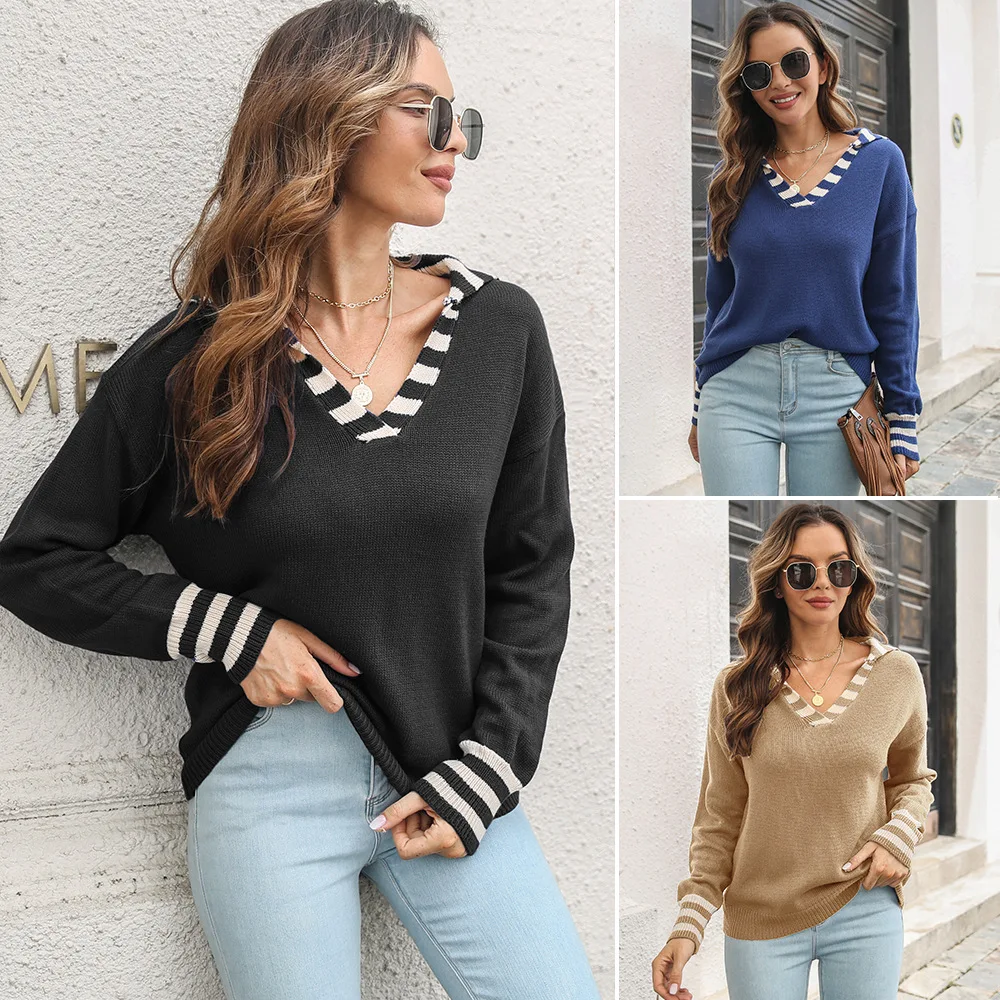 

Women's Striped Sweater V Neck Long Sleeve Loose Fashion Trendy Tops Knitted Sweater New 2025 Pullover for Female