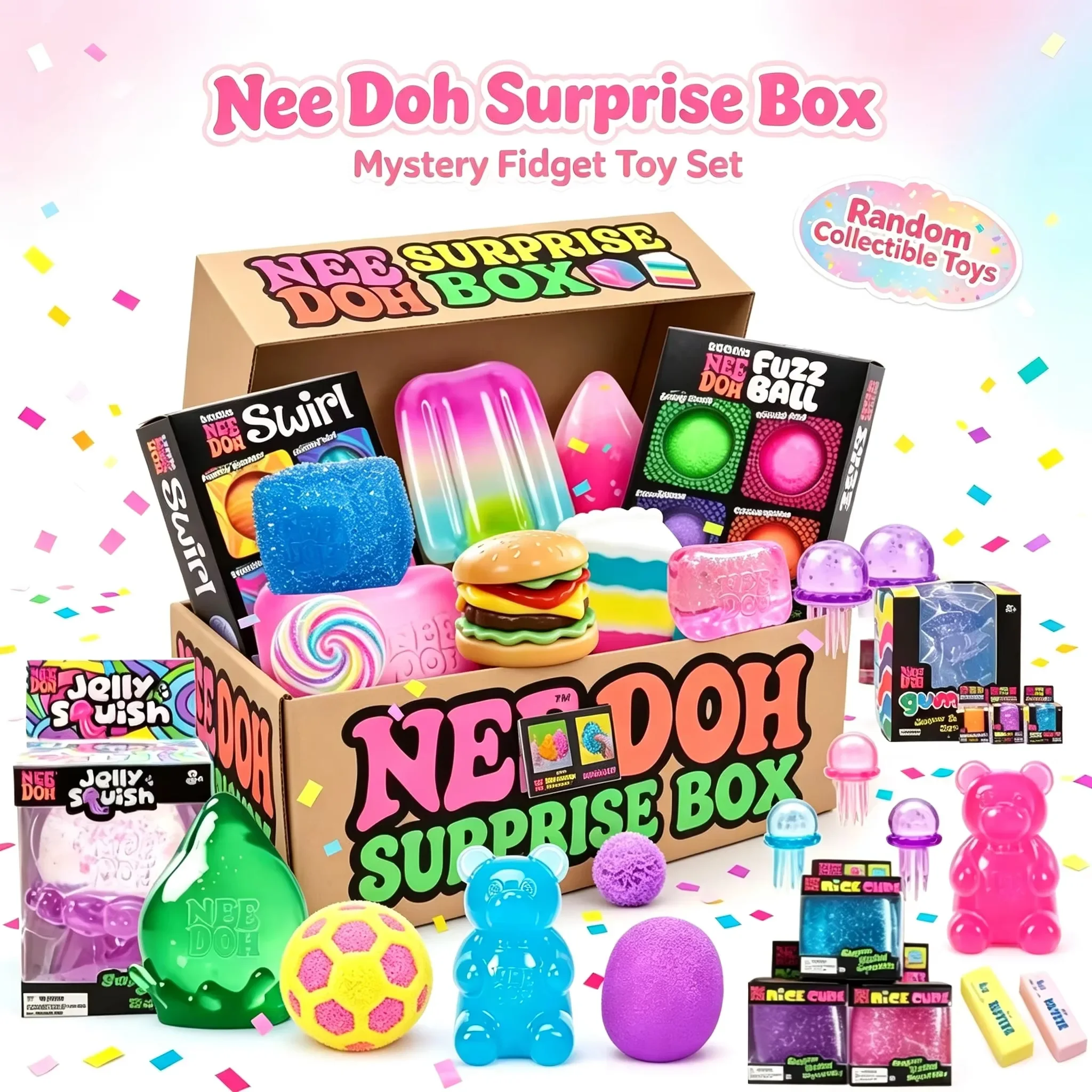 1000+ PCS NeeDoh Squishy Figures Mystery Blind Box, Slow Rising Soft Fidget Toys, Includes Rare Chase & Limited Edition Toys